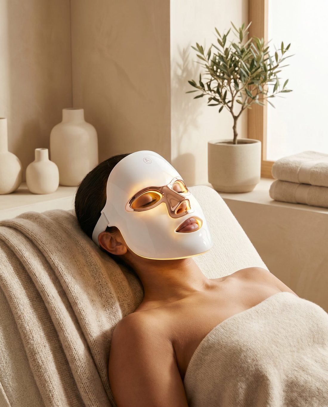 Woman relaxing while wearing the GlowVault LED mask at home